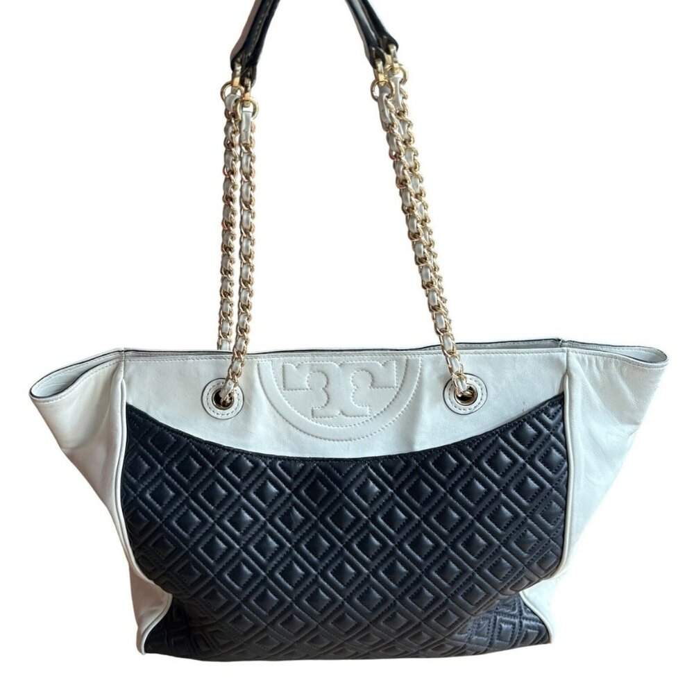 Tory Burch Quilted Fleming Tote black and white with gold chain